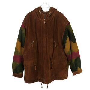 1980s Winlit Vintage Leather Jacket Brown Suede Western Hooded Jacket Large Mens